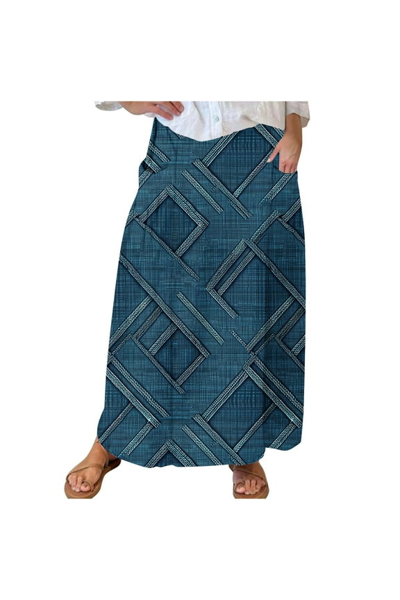 Women's Vintage Graphic Denim Skirts Block Color Elastic High Waist Maxi Skirt A-line Skirt with Pockets