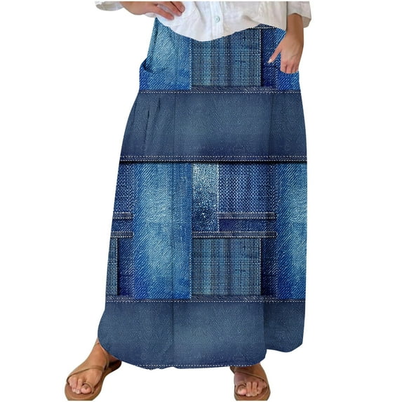Mnyycxen Women's Vintage Graphic Denim Skirts Block Color Elastic High Waist Maxi Skirt A-line Skirt with Pockets