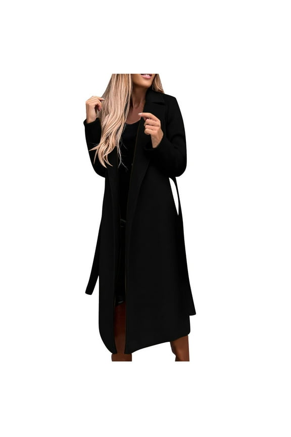Women's Wool Blend Trench Coats Lapel Long Sleeve Long Warm Pea Coats Casual Open Front Belted Overcoat