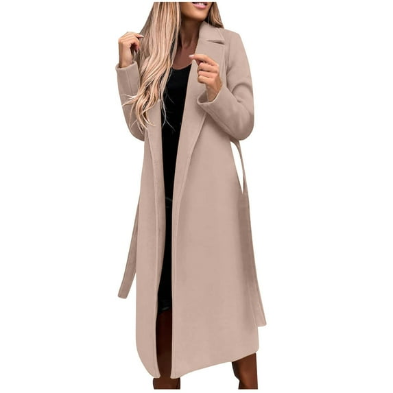 Mnyycxen Women's Wool Blend Trench Coats Lapel Long Sleeve Long Warm Pea Coats Casual Open Front Belted Overcoat
