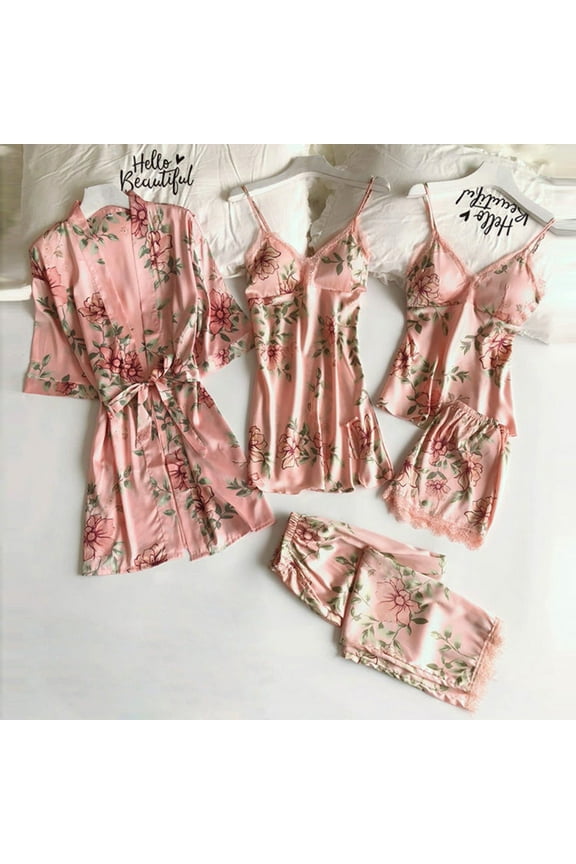 Womens 5pcs Pajamas Sets Silk Satin Sleepwear Sexy Lace Cami with Robe Floral Pjs Pants Set Loungewear