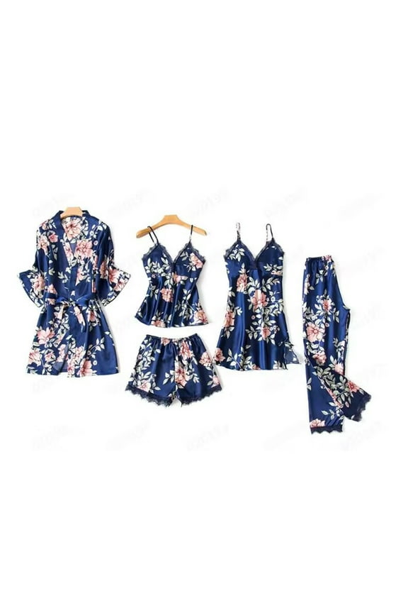 Womens 5pcs Pajamas Sets Silk Satin Sleepwear Sexy Lace Cami with Robe Floral Pjs Pants Set Loungewear