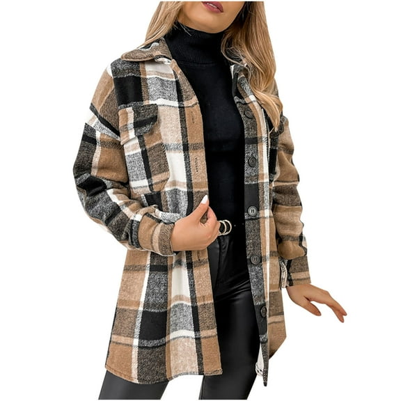 Mnyycxen Womens Flannel Plaid Shacket Button Down Long Sleeve Lapel Coats Color Block Fall Fashion Jacket with Pockets