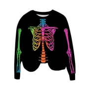Mnyycxen Womens Halloween Skeleton Printed T-Shirt Long Sleeve Round Neck Basic Tops Causel All-Match Tunic Tee