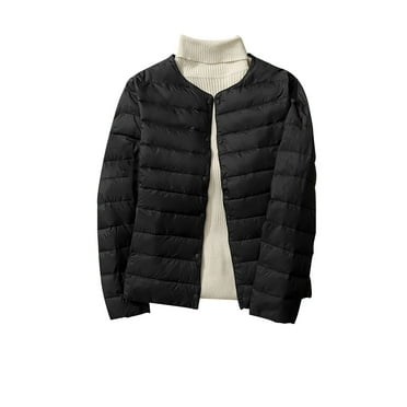 Mnyycxen Womens Lightweight Warm Down Coats Solid Collarless Snap Long Sleeve Jackets Winter Loose Puffer Jacket with Pockets
