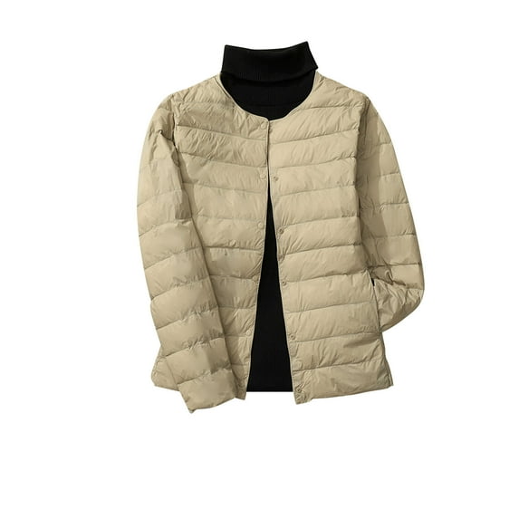 Mnyycxen Womens Lightweight Warm Down Coats Solid Collarless Snap Long Sleeve Jackets Winter Loose Puffer Jacket with Pockets