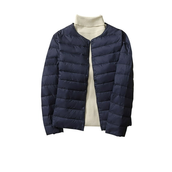 Mnyycxen Womens Lightweight Warm Down Coats Solid Collarless Snap Long Sleeve Jackets Winter Loose Puffer Jacket with Pockets