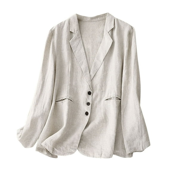 Mnyycxen Womens Retro Cotton Linen Suit Jacket Long Sleeve Notch Lapel Single Breasted Blazer Casual Office Coat with Pockets