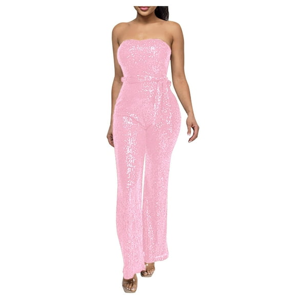 Mnyycxen Womens Sparkly Strapless Rompers Ladies Sequin Sexy Sleeveless Jumpsuit High Waist Belted Wide Leg Playsuits
