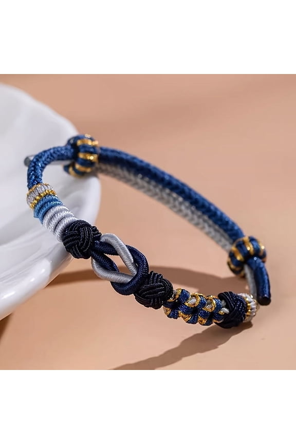Mo Xiangli Hand-Woven 1pc Beaded Bracelet - Vintage/Ethnic Style with Golden-Tone Accents, Nylon Cord - Perfect for DIY Jewelry & Lucky Beads, Ideal Gift for All Seasons,Navy Blue