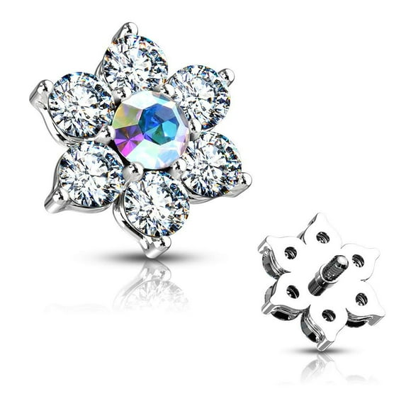 MoBody 14G Clear CZ Flower Dermal Anchor Top Surgical Steel Internally Threaded Dermal Anchor Body Piercing Top (AB)