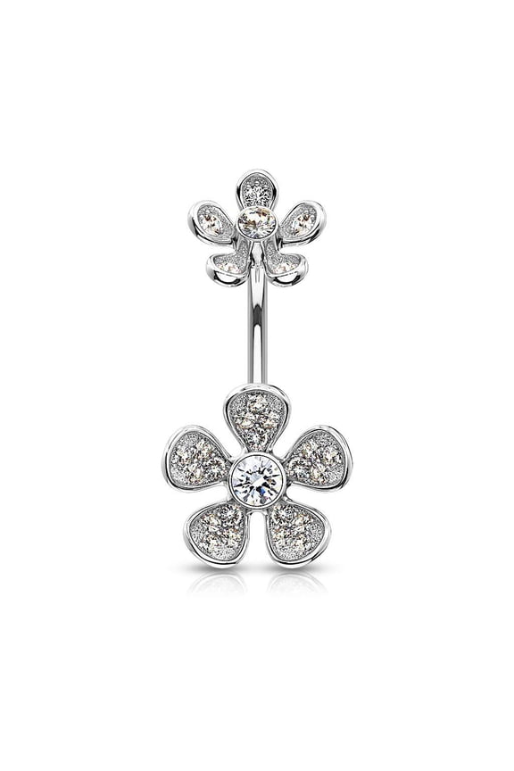 14G Micro Paved CZ Flower Belly Button Ring Surgical Steel Internally Threaded Flower Top Curved Navel Body Piercing (Silver-Tone)