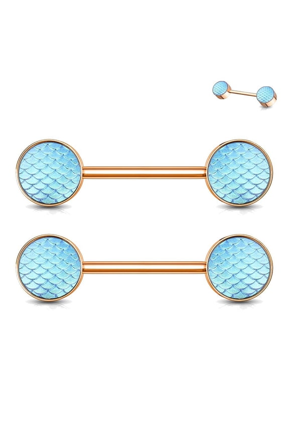 14G One Pair Holographic Dragon Scale Ends Nipple Barbells Surgical Steel Body Piercing Nipple Rings (Rose Gold-Tone/Aqua)