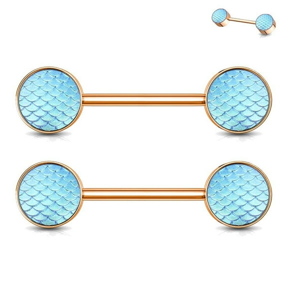 MoBody 14G One Pair Holographic Dragon Scale Ends Nipple Barbells Surgical Steel Body Piercing Nipple Rings (Rose Gold-Tone/Aqua)