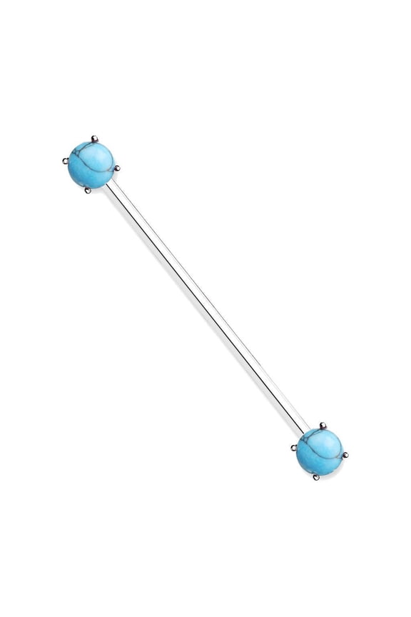 14G Round Turquoise Prong Set Ends Industrial Barbell Earring Surgical Steel 38mm Ear Cartilage Piercing Bar (Silver-Tone)