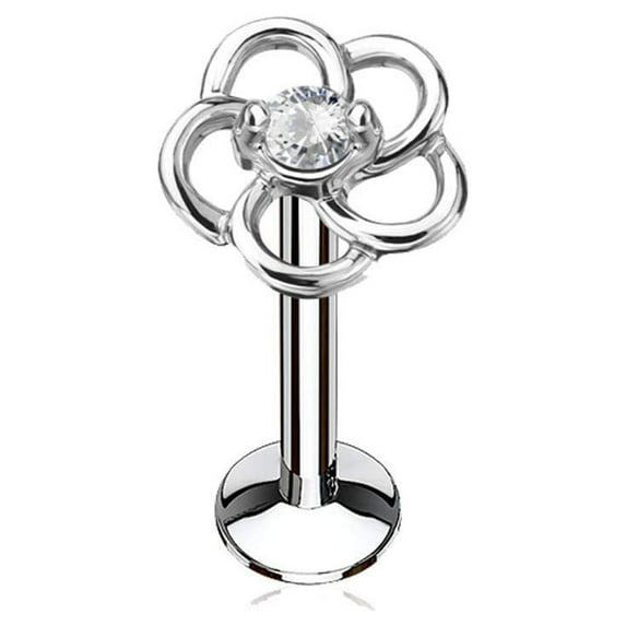 MoBody 16G CZ Centered Hollow Flower Top Labret Piercing Surgical Steel Internally Threaded Monroe Lip Ring Helix Earring (Silver-Tone Clear CZ, 8)