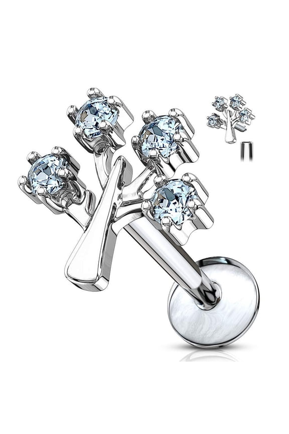 16G CZ Jeweled Tree of Life Top Labret Piercing Surgical Steel Internally Threaded Monroe Lip Ring Helix Earring (Silver-Tone/Aqua CZ, 6)
