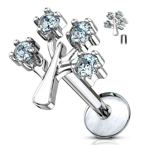 MoBody 16G CZ Jeweled Tree of Life Top Labret Piercing Surgical Steel Internally Threaded Monroe Lip Ring Helix Earring (Silver-Tone/Aqua CZ, 6)