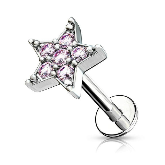 MoBody 16G CZ Paved Star Top Labret Piercing Surgical Steel Internally Threaded Monroe Lip Ring Helix Earring (Pink CZ, 6)