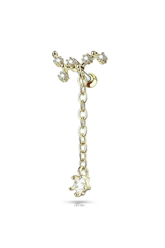 16G CZ Vine Tragus Earring Stud Surgical Steel Long Chain Dangle Cartilage Helix Piercing Jewelry (Gold-Tone)