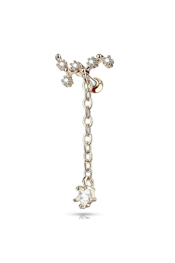 16G CZ Vine Tragus Earring Stud Surgical Steel Long Chain Dangle Cartilage Helix Piercing Jewelry (Rose Gold-Tone)