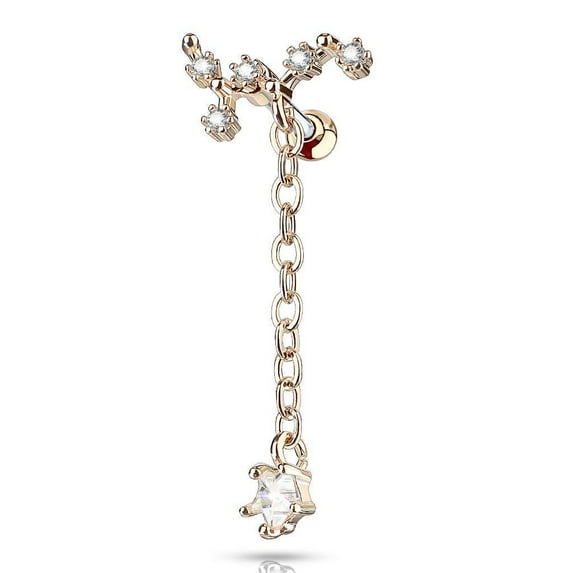 MoBody 16G CZ Vine Tragus Earring Stud Surgical Steel Long Chain Dangle Cartilage Helix Piercing Jewelry (Rose Gold-Tone)