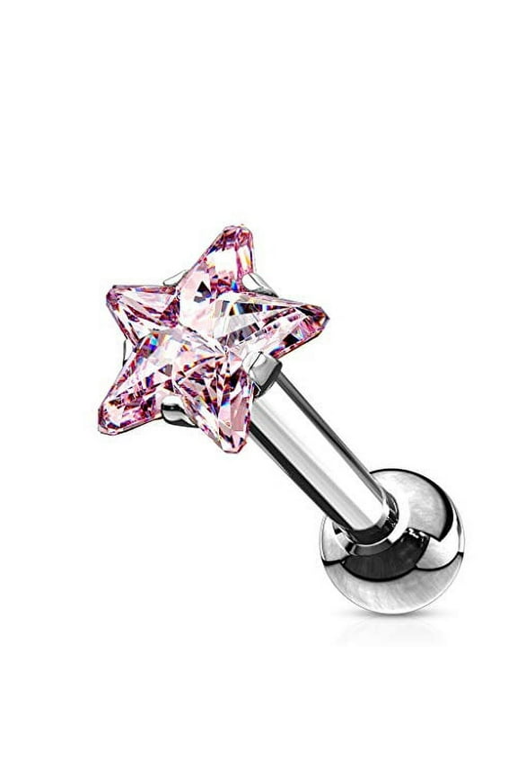 16G Clear CZ Pronged Heart and Star Tragus Earring Surgical Steel Cartilage Helix Piercing Stud (Pink, Star)