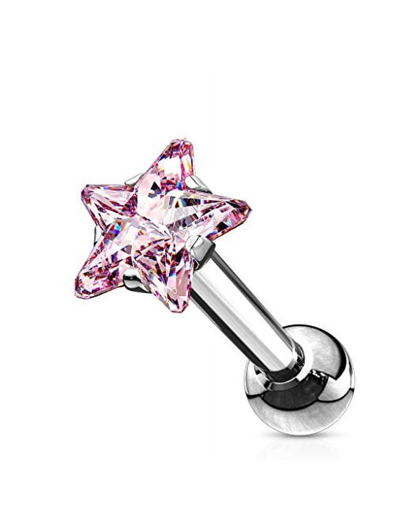 16G Clear CZ Pronged Heart and Star Tragus Earring Surgical Steel Cartilage Helix Piercing Stud (Pink, Star)