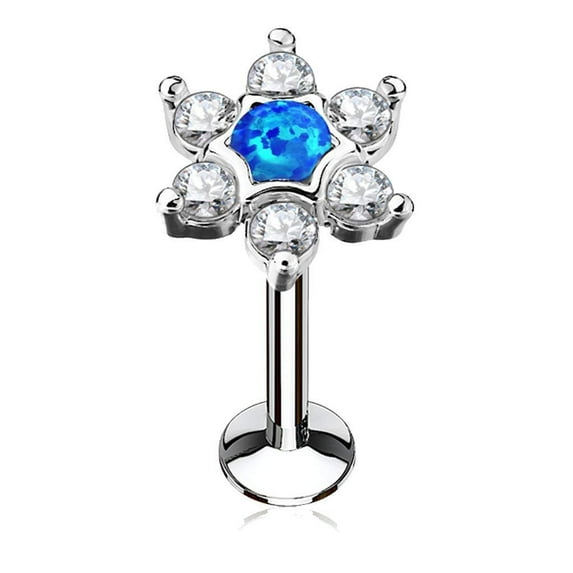 MoBody 16G Created Opal Center with Clear CZ Flower Top Labret Piercing Surgical Steel Internally Threaded Monroe Lip Ring Helix Earring (Blue Created Opal, 6)