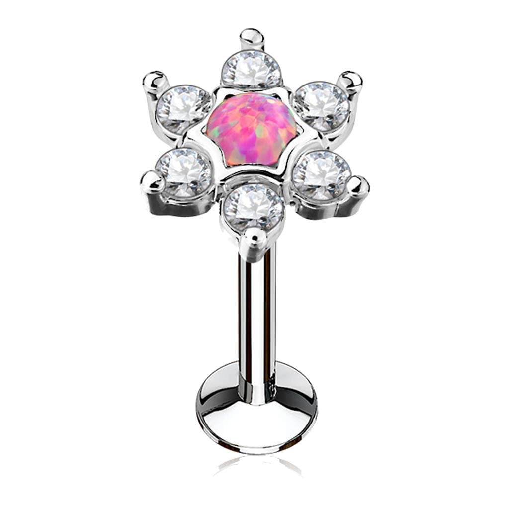 MoBody 16G Created Opal Center with Clear CZ Flower Top Labret Piercing ...