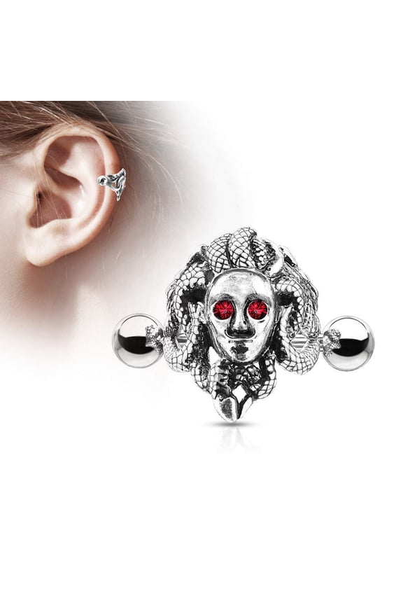 16G Medusa with Red Crystal Eyes Ear Cartilage/Helix Cuff 316L Surgical Steel Barbells (Silver)
