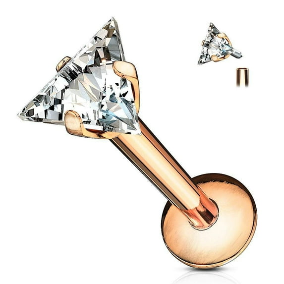 MoBody 16G Triangle Labret Piercing Stud 16G Clear CZ Internally Threaded Monroe Lip Ring Helix Earring (Rose Gold-Tone, 6)