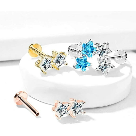 MoBody 16G Twin CZ Star Top Labret Piercing Stud Surgical Steel Internally Threaded Monroe Lip Ring Helix Earring (Rose Gold-Tone/Clear, 8)