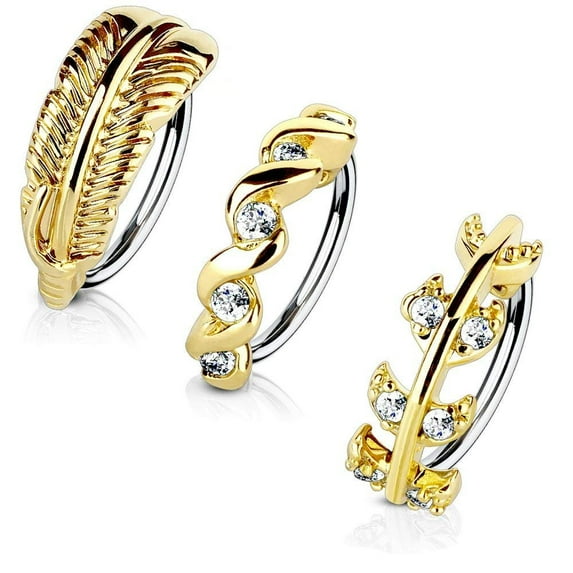 MoBody 3-Pack 20G Nose Ring Piercing Hoop Paved CZ Crawler Surgical Steel Cartilage Earring Set (8mm) (Gold-Tone)