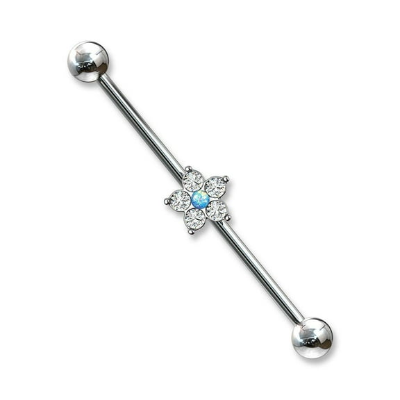 MoBody 5 CZ Flower with Created Opal Center 316L Surgical Steel Industrial Barbell Cartilage Earring 14G (1.6mm) (White)