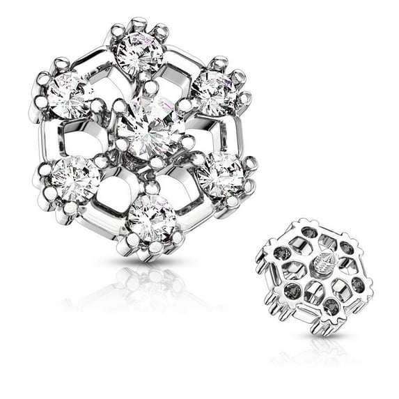 MoBody 7 CZ Hexagonal Top Surgical Steel Internally Threaded Dermal Anchor Body Piercing Top 14G (Silver-Tone)