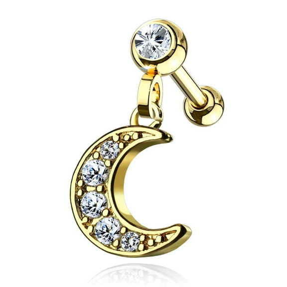 MoBody Clear CZ Jeweled Dangle Crescent Tragus Earring Surgical Steel Cartilage Helix Piercing Stud 16G (Gold-Tone)
