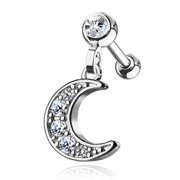MoBody Clear CZ Jeweled Dangle Crescent Tragus Earring Surgical Steel Cartilage Helix Piercing Stud 16G (Silver-Tone)