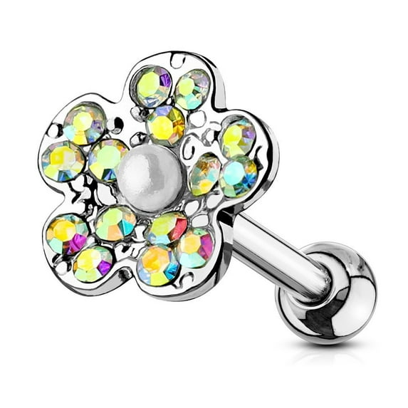 MoBody Clear CZ Jeweled Flower with Faux Pearl Tragus Earring Surgical Steel...