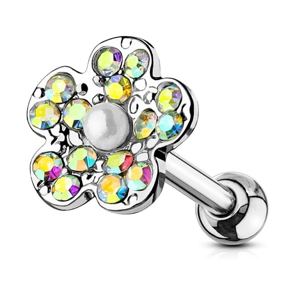 MoBody Clear CZ Jeweled Flower with Faux Pearl Tragus Earring Surgical Steel...