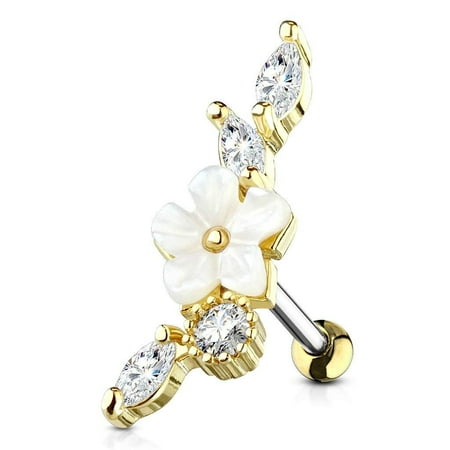 MoBody Clear CZ Jeweled Mother of Pearl Flower Tragus Earring Surgical Steel Cartilage Helix Piercing Stud 16G (Gold-Tone)