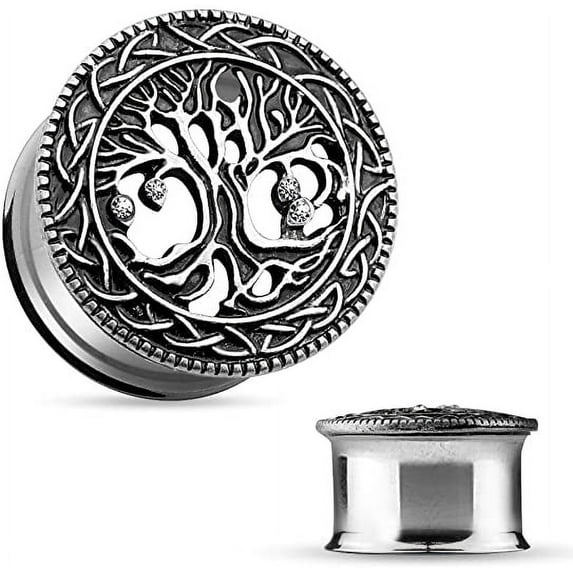 MoBody One Pair 316L Surgical Steel Tree of Life Double Flared Ear Gauge Plugs (9/16" (14mm)
