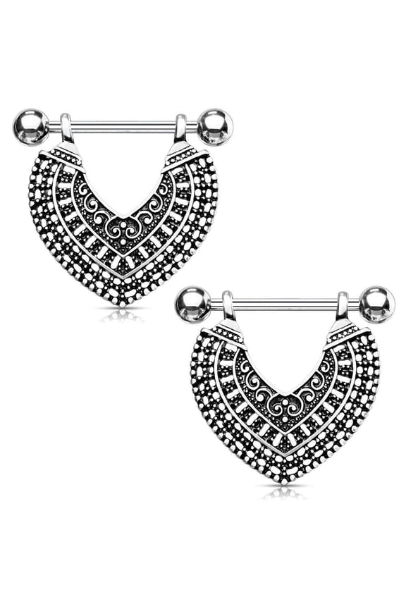 One Pair Surgical Steel Vintage Heart Dangle Nipple Ring Shield Body Piercing Jewelry 14G (1.6mm) (Silver-Tone)