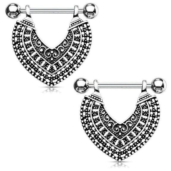 MoBody One Pair Surgical Steel Vintage Heart Dangle Nipple Ring Shield Body Piercing Jewelry 14G (1.6mm) (Silver-Tone)