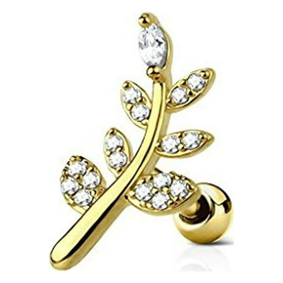 MoBody Surgical Steel Tragus Earring Micro Paved CZ Leaf Cartilage Barbell Helix Earring Stud 16G (1.2mm) (Gold-Tone)