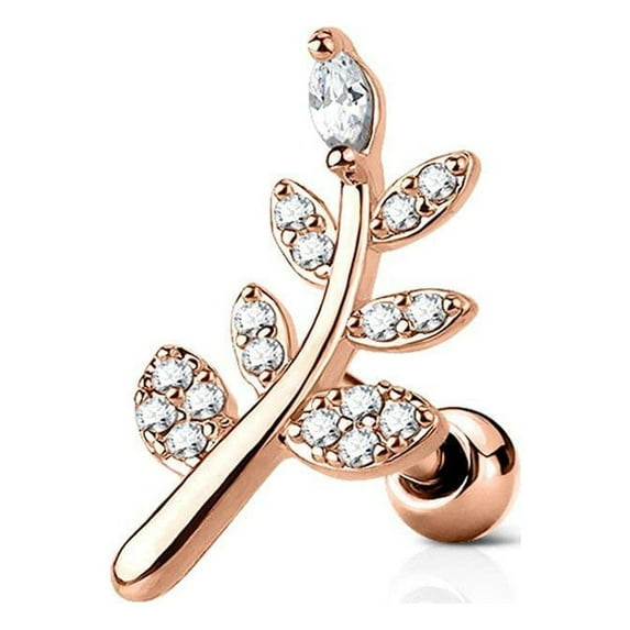 MoBody Surgical Steel Tragus Earring Micro Paved CZ Leaf Cartilage Barbell Helix Earring Stud 16G (1.2mm) (Rose Gold-Tone)