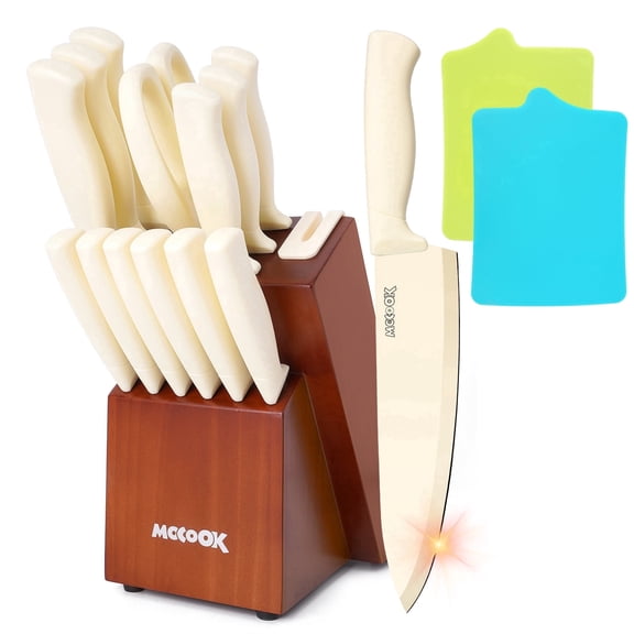 MoCook Kitchen Knife Set, 16 Pcs Knives Block Set with Built-in Sharpener, Healthy Anti-Rust Coating & German Stainless Steel Knife Set, Dishwasher Safe Beige