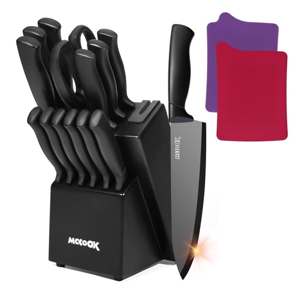MoCook Kitchen Knife Set, 16 Pcs Knives Block Set with Built-in Sharpener, Healthy Anti-Rust Coating & German Stainless Steel Knife Set, Dishwasher Safe Black