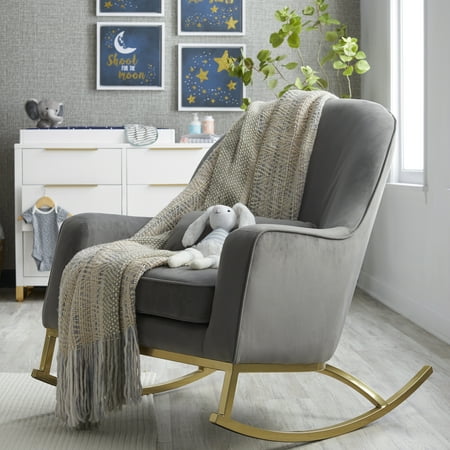 MoDRN Glam Velvet Rocking Chair with Lumbar Pillow, Charcoal Grey/Satin Brass