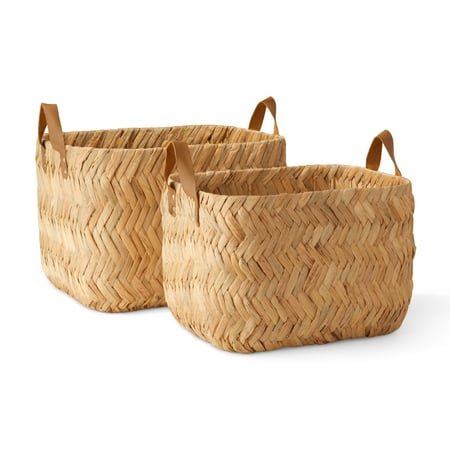 MoDRN WMTBA1811278DCN Leather Storage Baskets Set of 2, Natural Water Hyacinth, Rectangular with Leather Handles